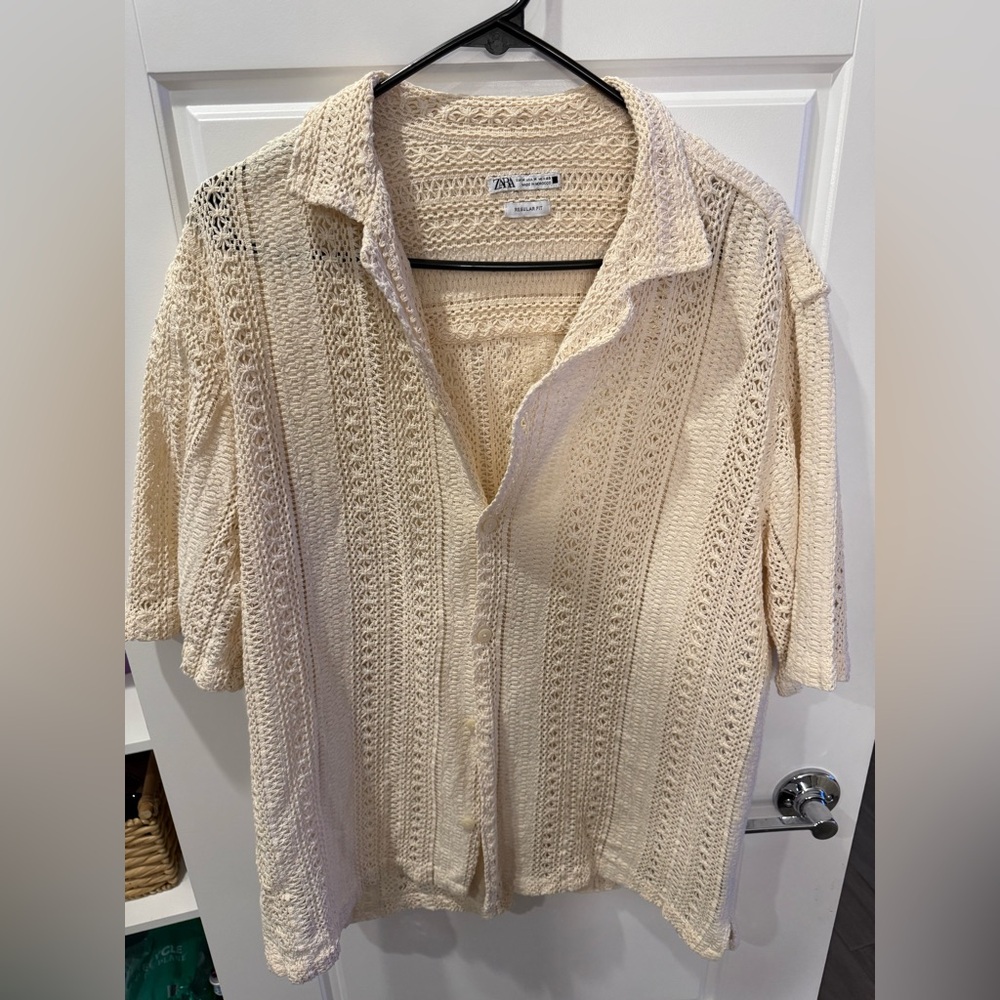 Zara Beige Knit Button-Down Shirt